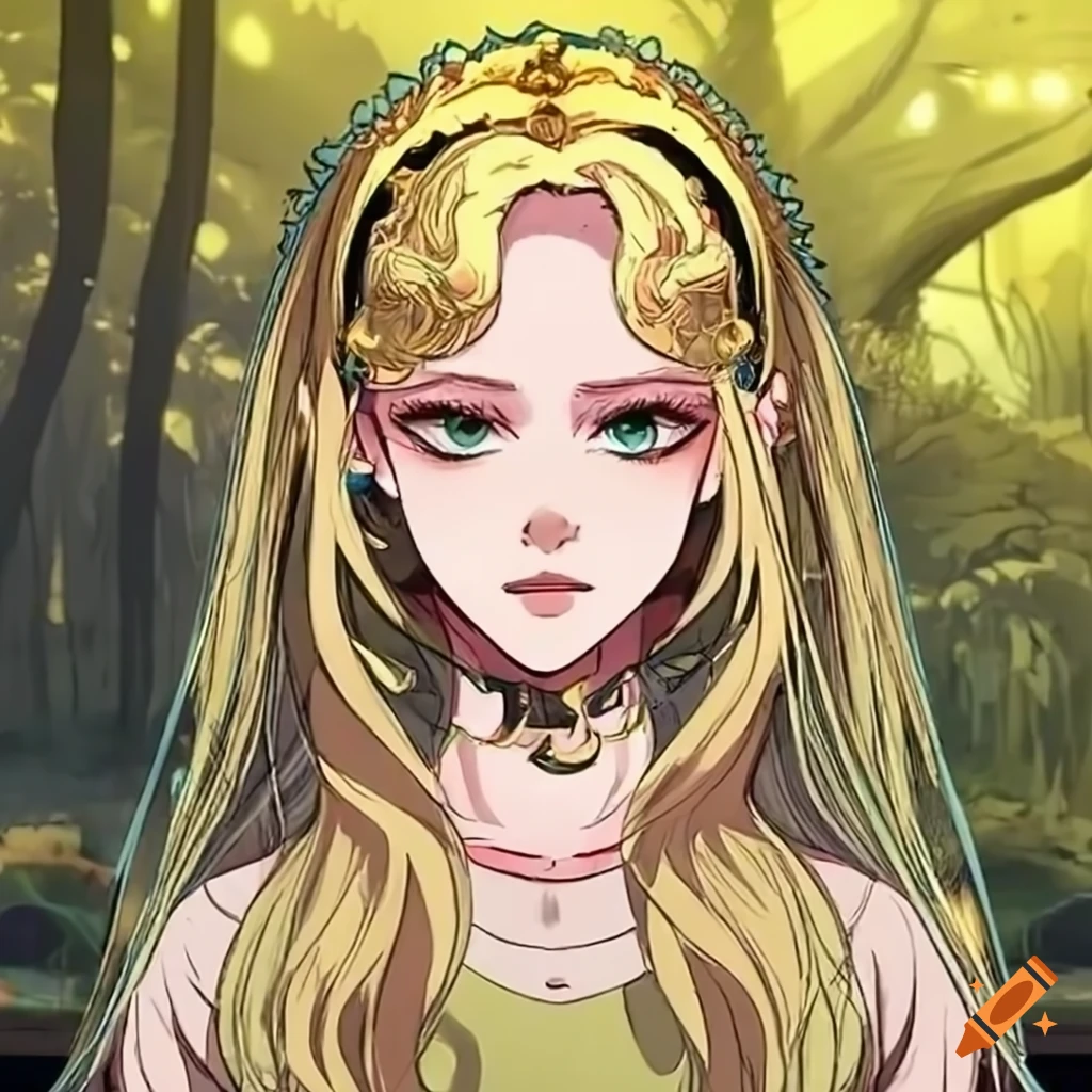 girl with long blonde hair in a rainforest manhwa scene