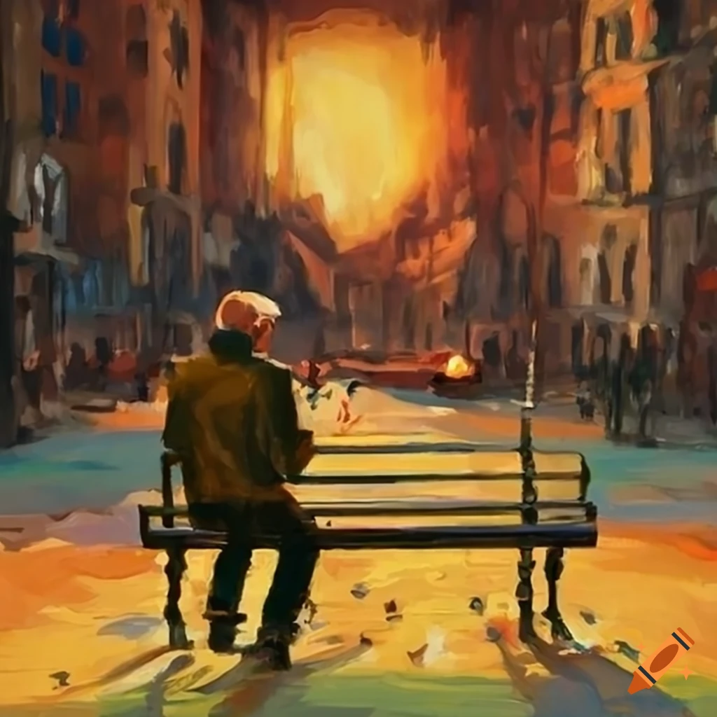 painting of a man on a park bench daydreaming