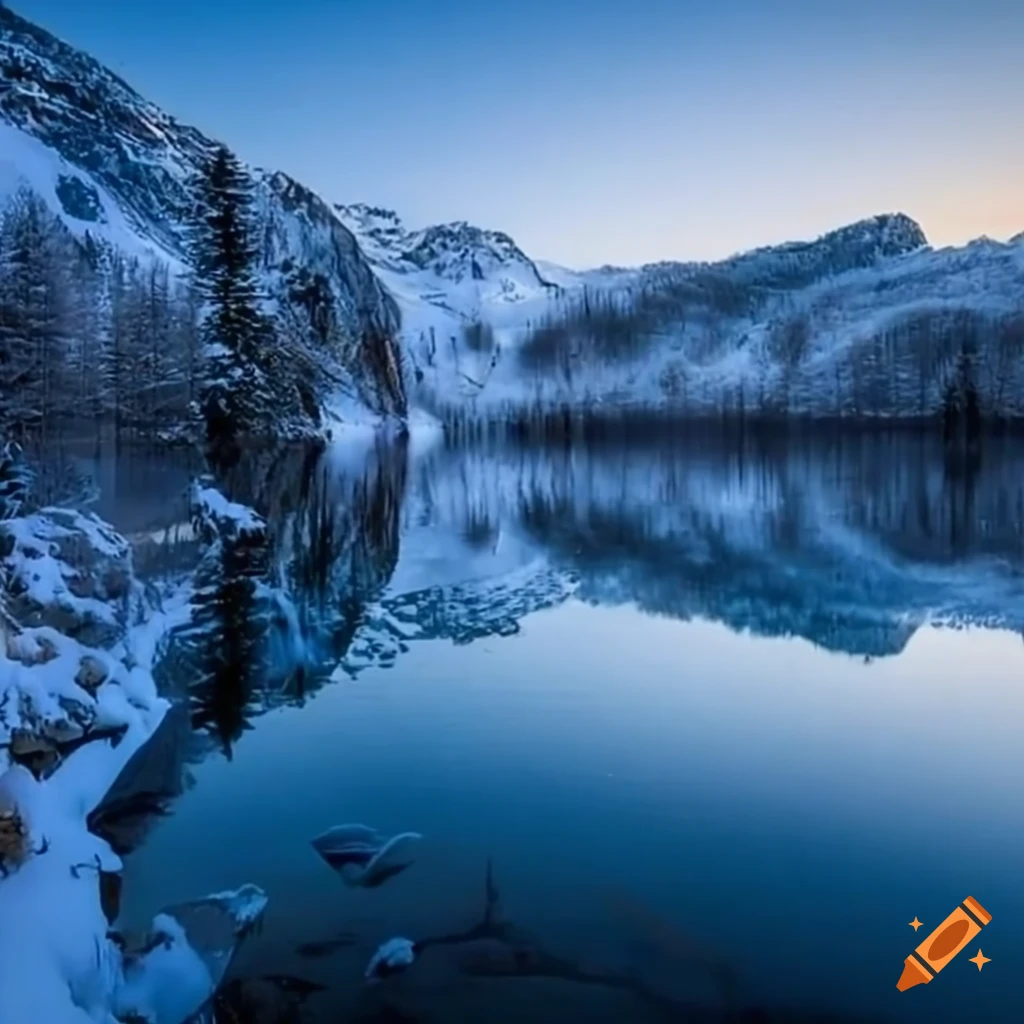 winter lake scenery with snow