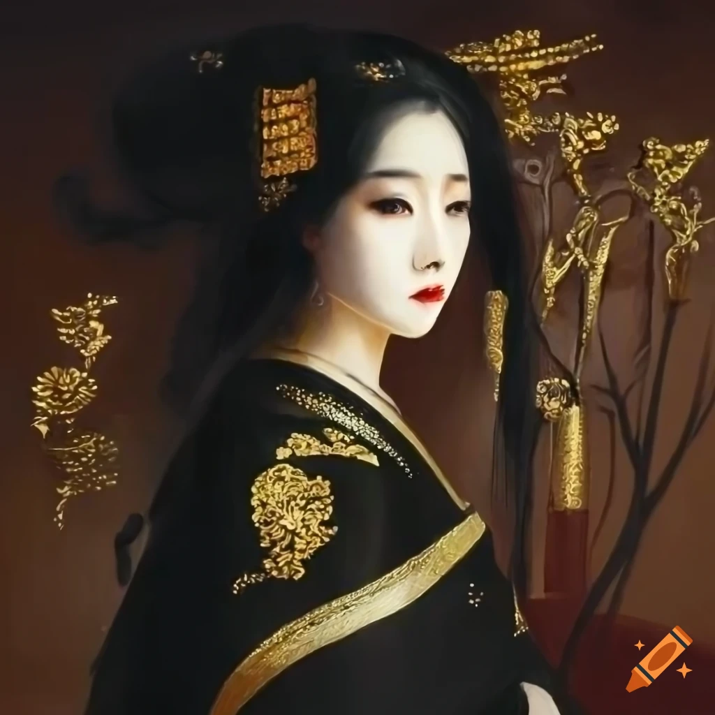 oil painting of a Japanese woman in a black kimono