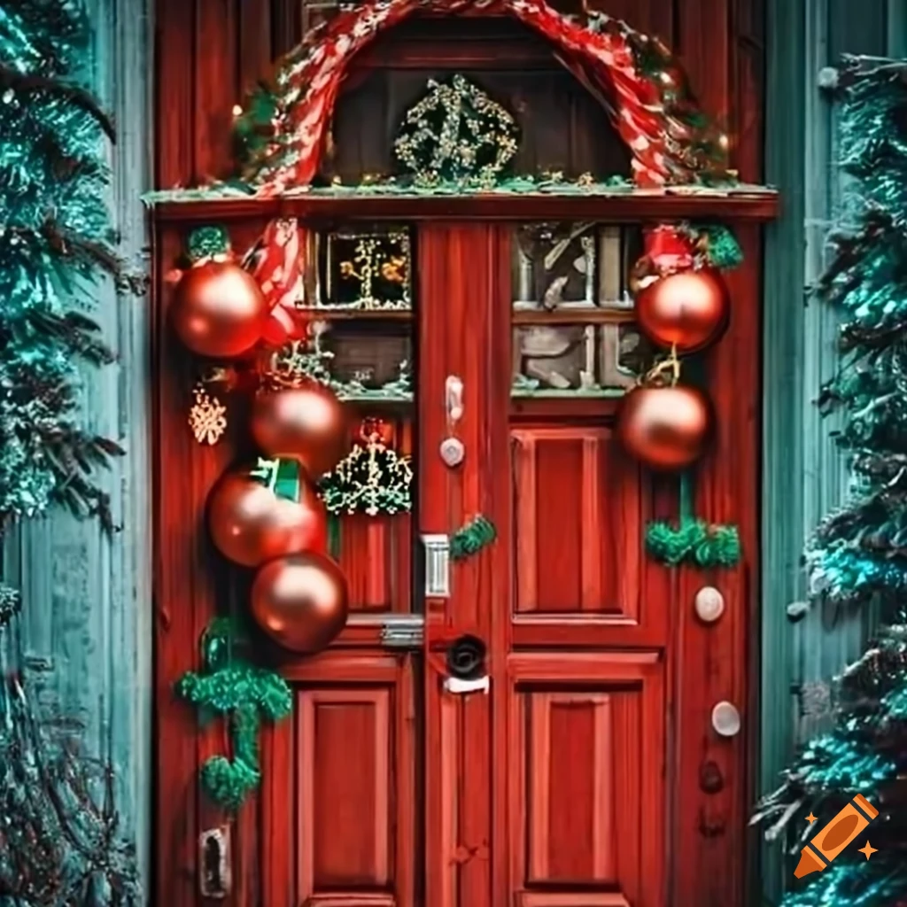 festive door with Christmas decorations