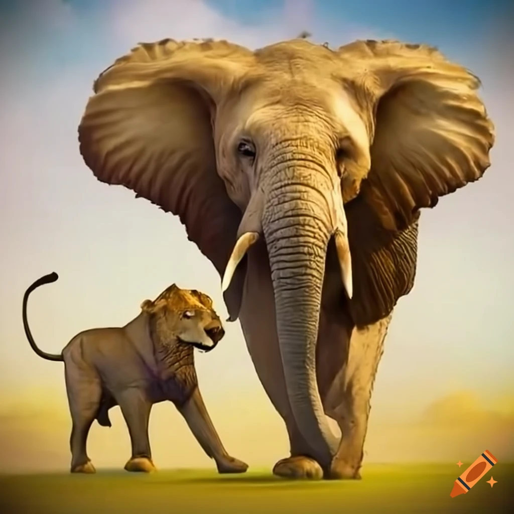 lion jumping on an elephant
