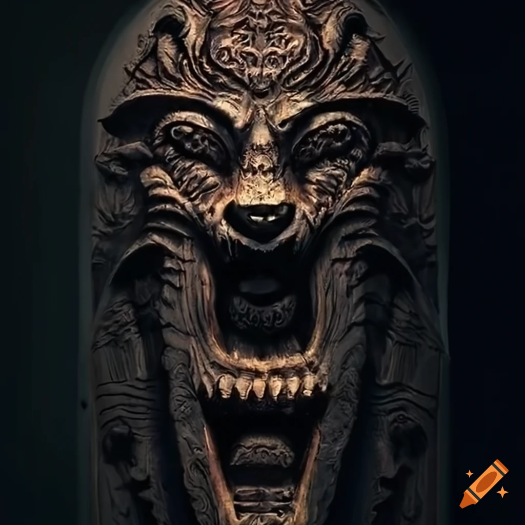 detailed architectural carving of a werewolf moth