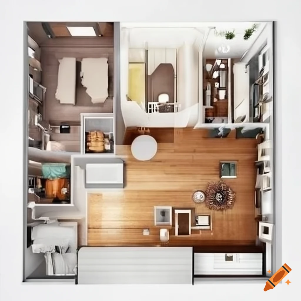 floor plan of a residence with integrated kitchen and living room