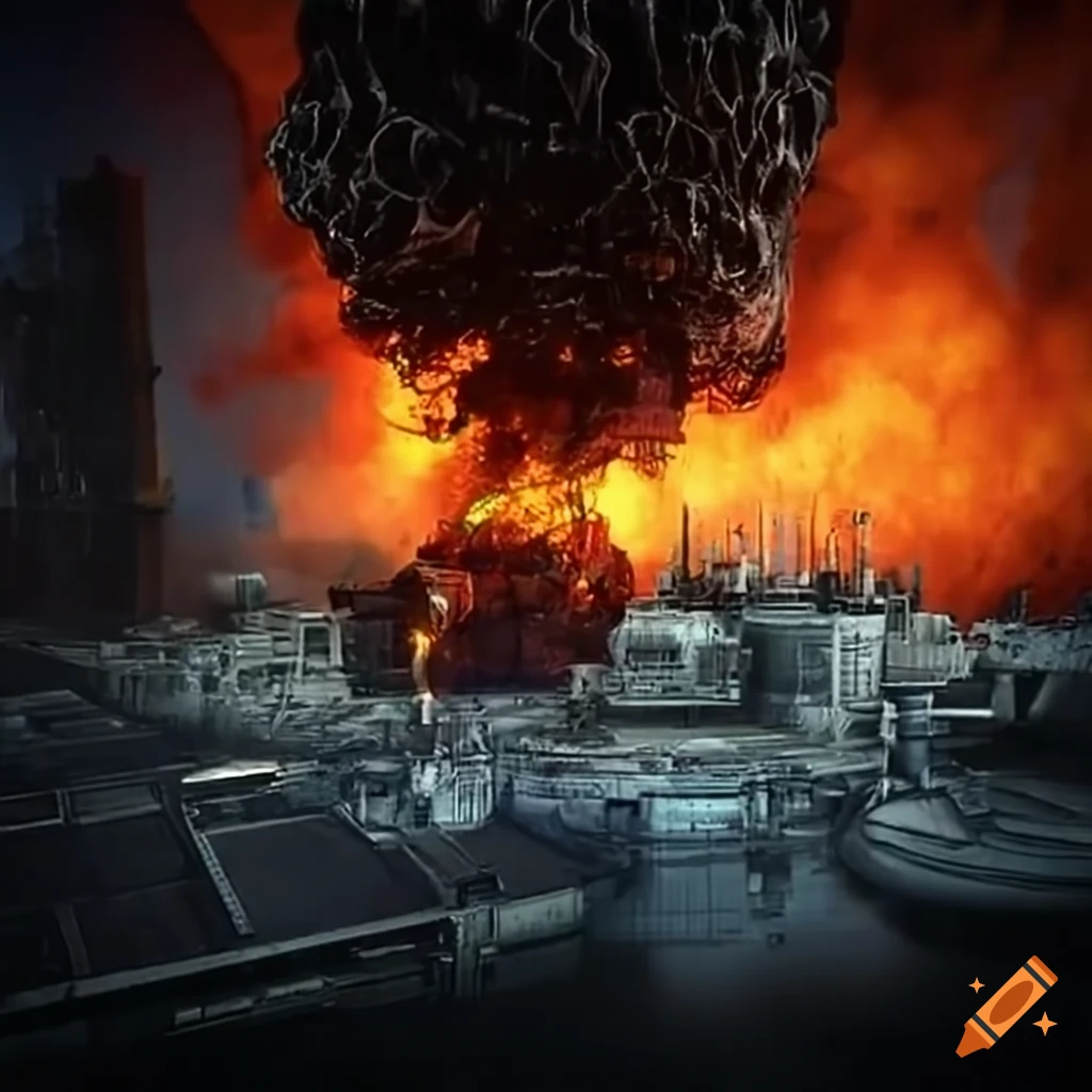 art of a factory exploding in a science fiction setting