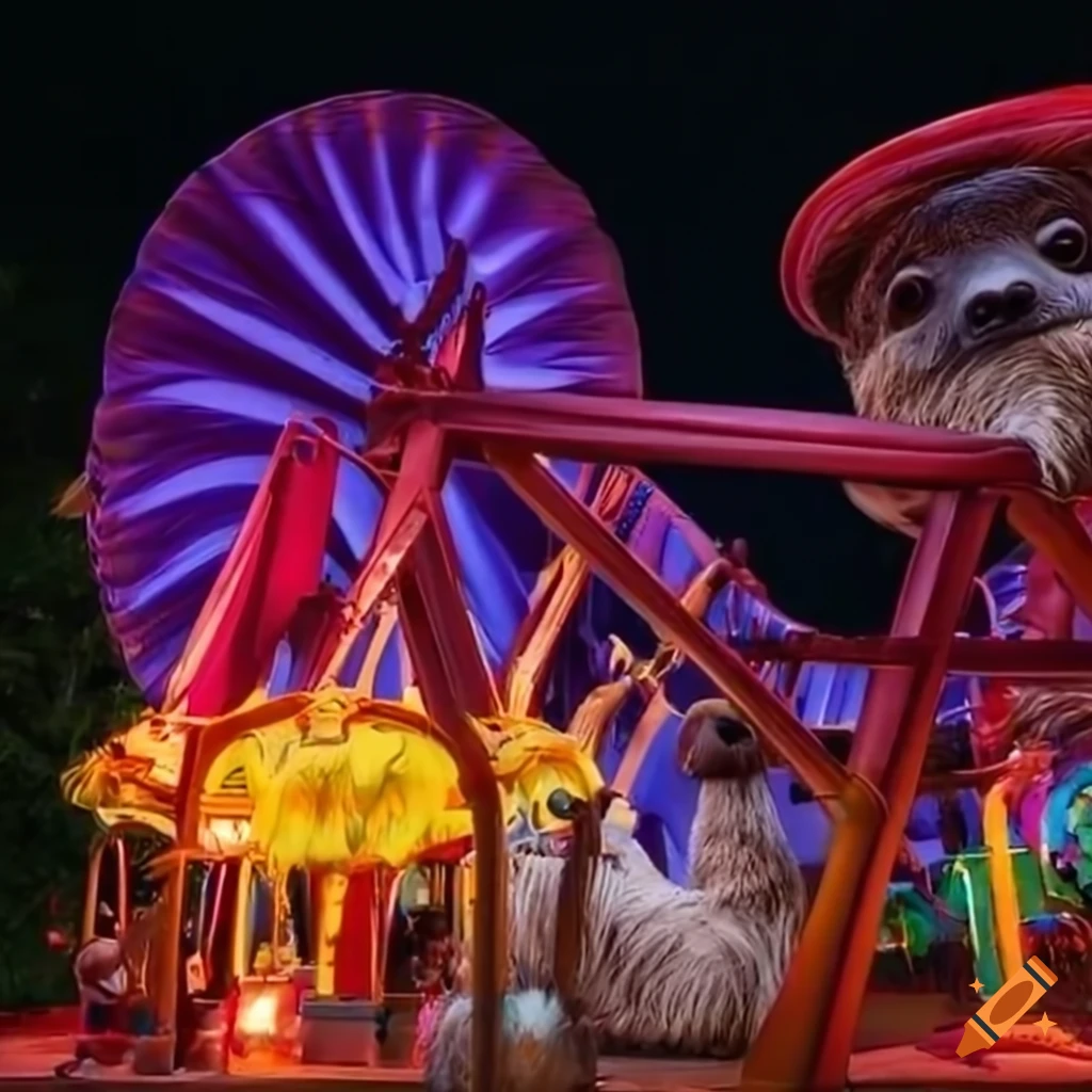 Sloth-themed rides and activities at an amusement park on Craiyon
