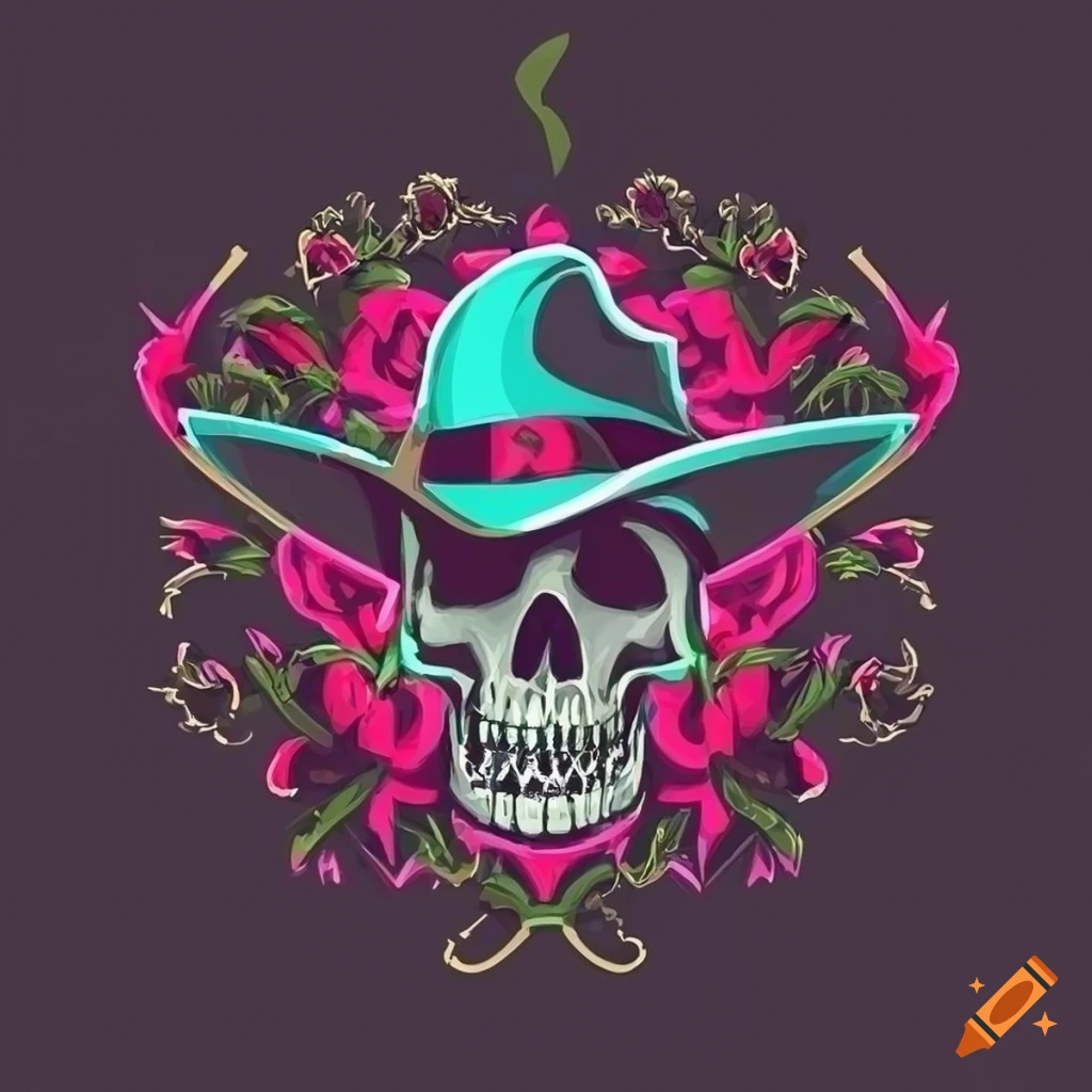 stylized illustration of a skull with roses and weapons