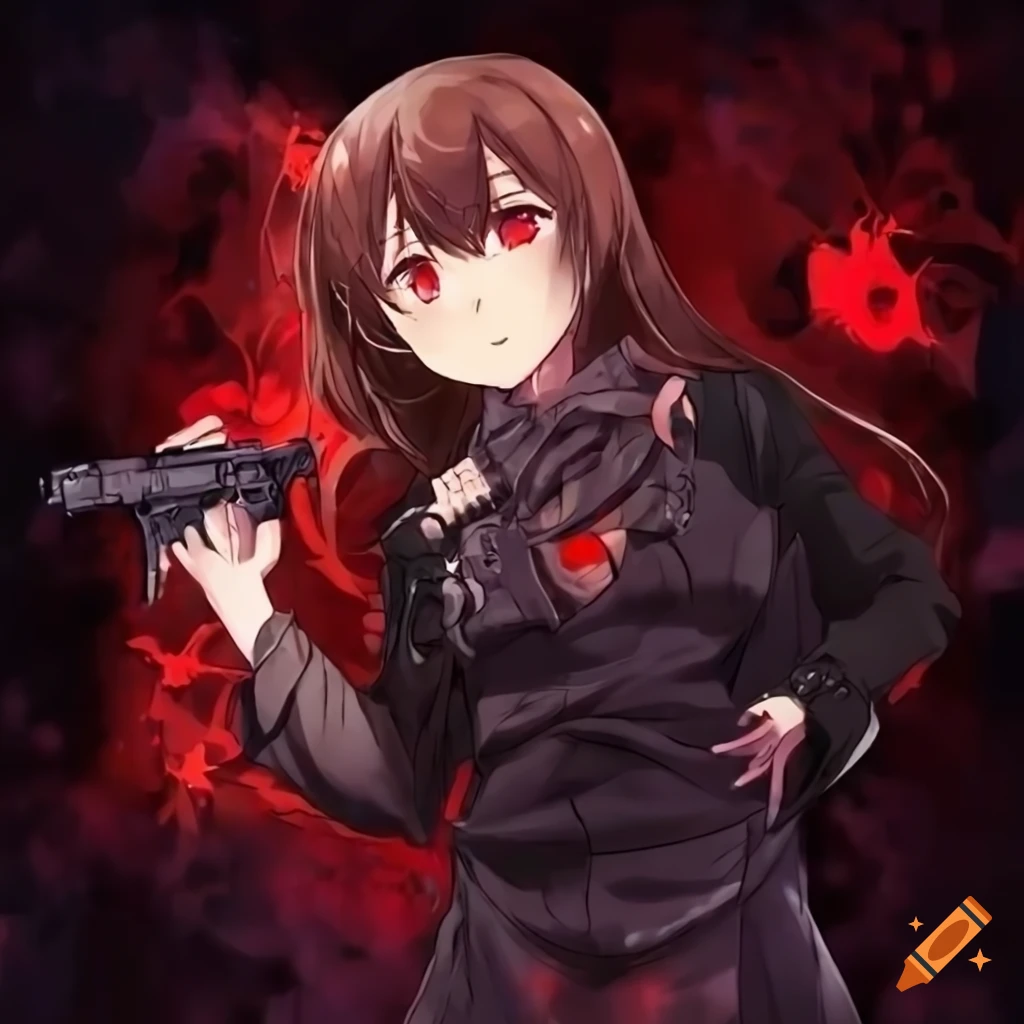 Anime girl with brown hair and red eyes holding a gun