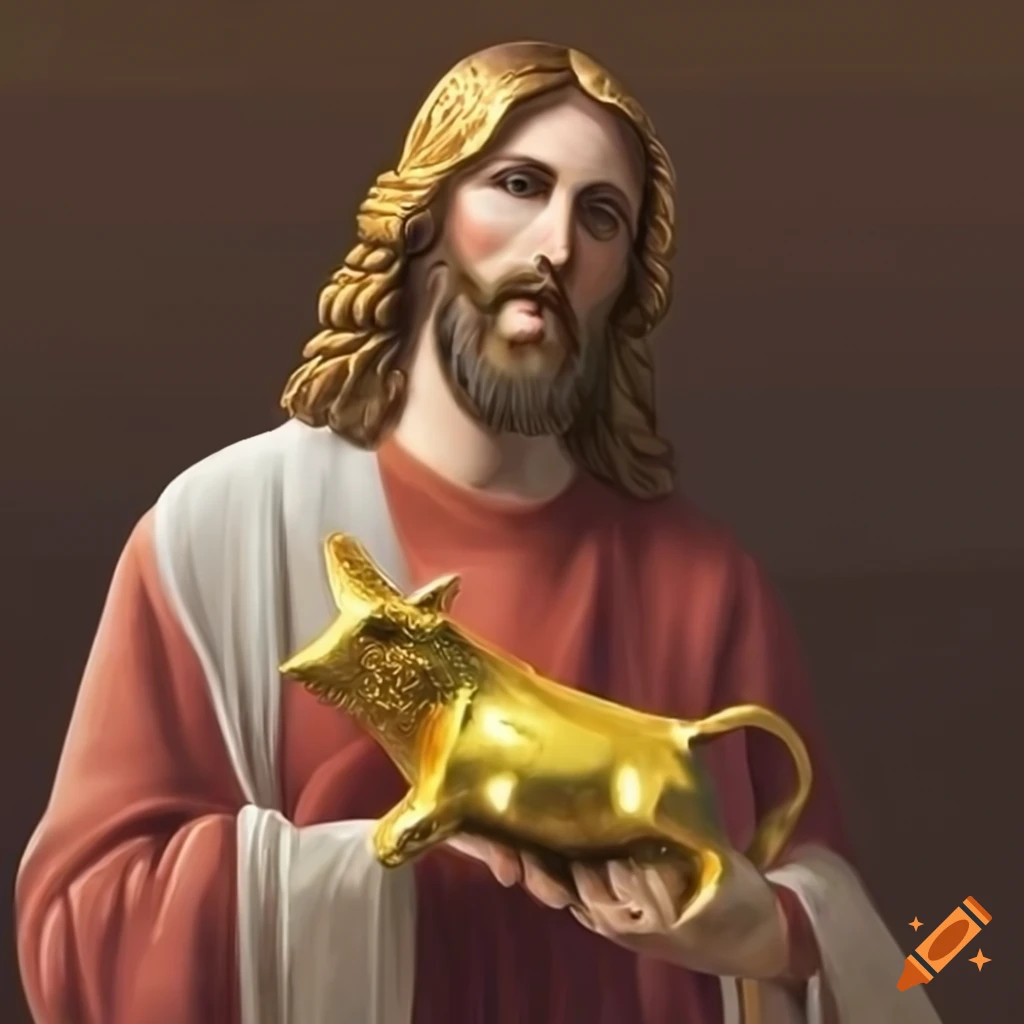symbolic representation of Jesus holding a golden pig