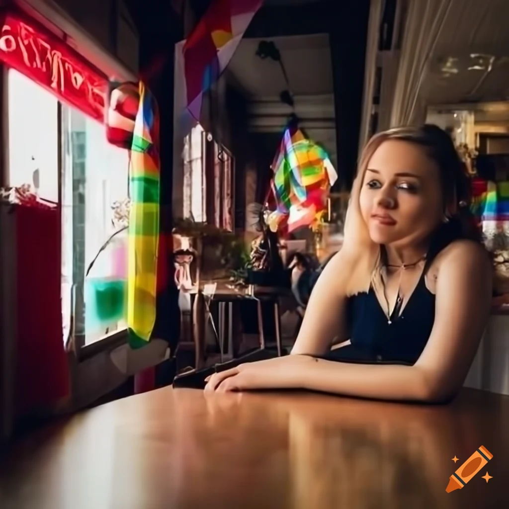 college woman in front of pride display at a cafe