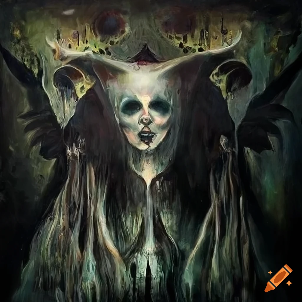 Hyperdetailed painting of a flying witch over a funeral