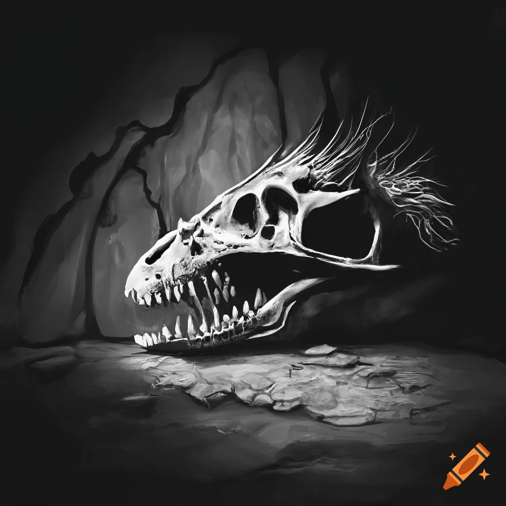 sketch of a dinosaur skeleton in an icy cave with ancient writing