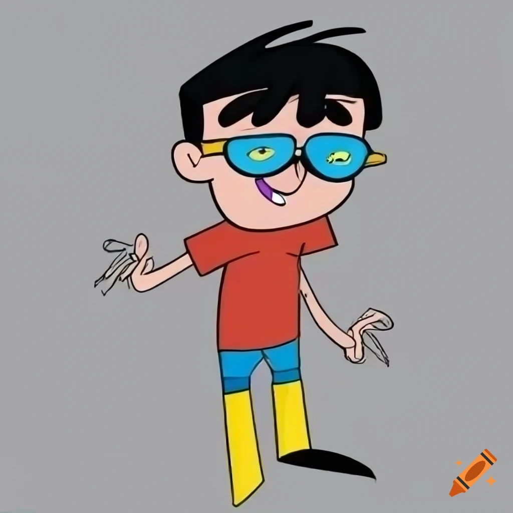 cartoon boy with black hair, red shirt, blue glasses and yellow shoes