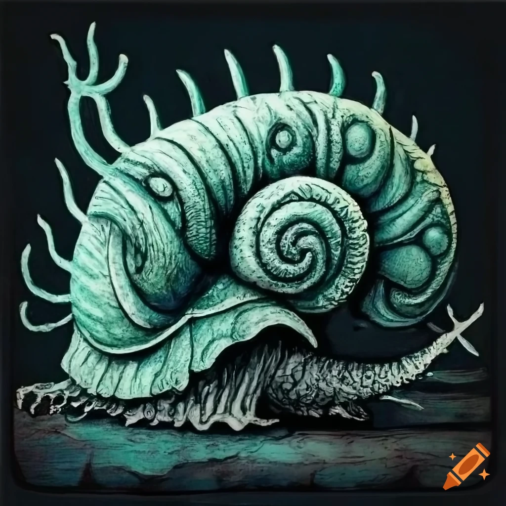 etching of a snail Cthulhu creature