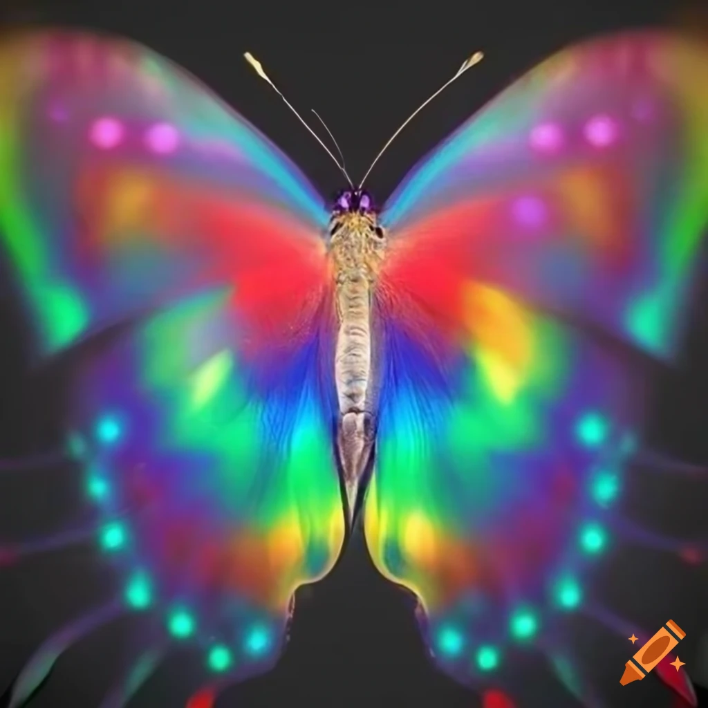 rainbow-colored butterfly with glowing aura on black background