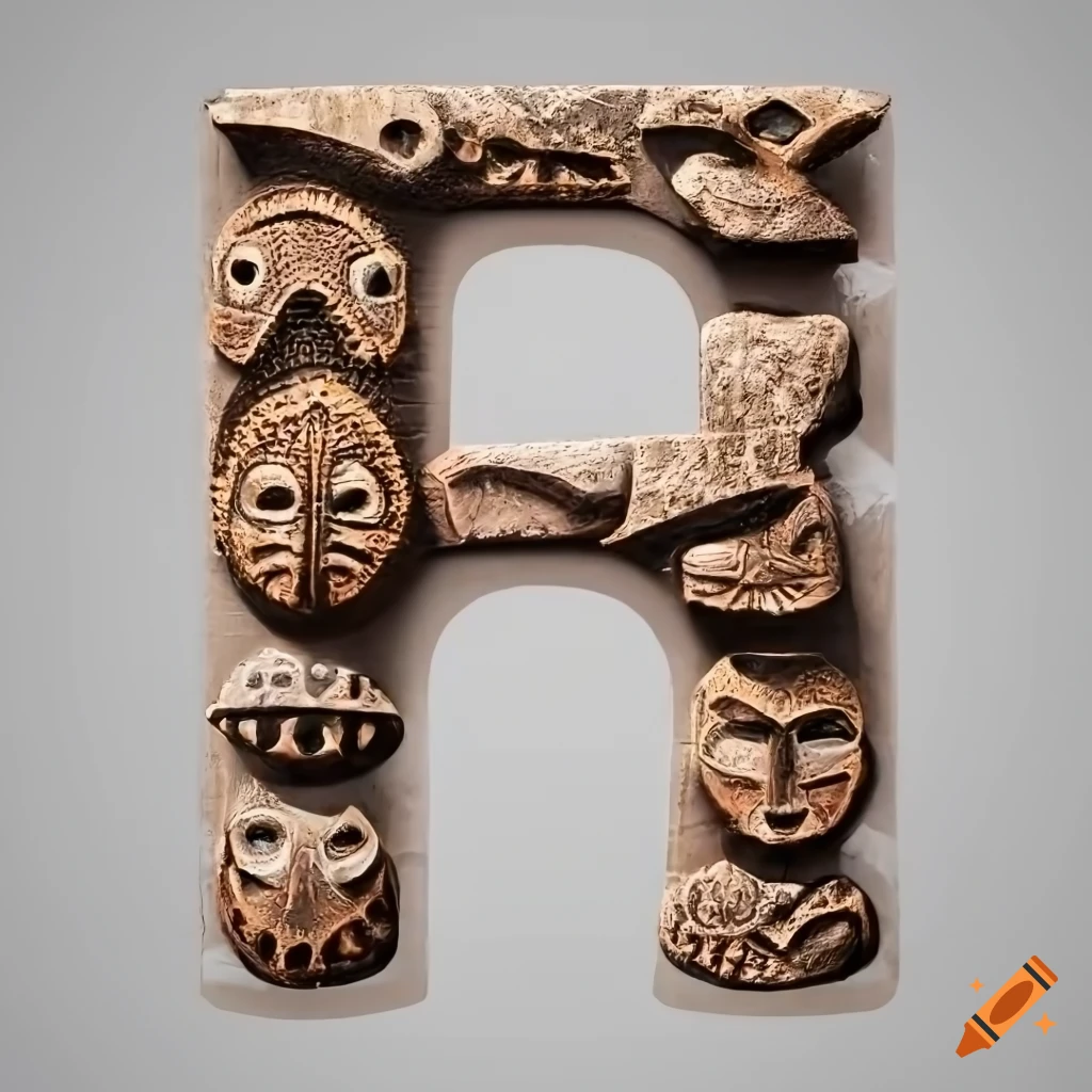 ultra realistic stone letter A with African masks patterns