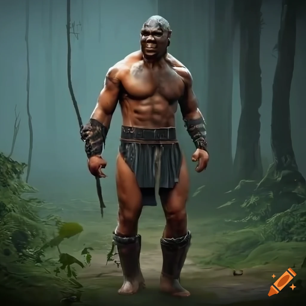 photorealistic image of Mike Tyson in a rainy forest
