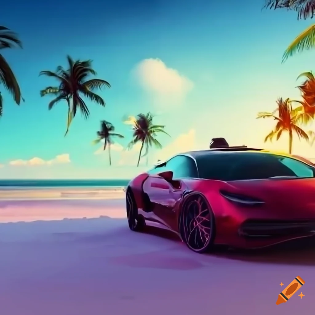 GTA-style artwork of a game character on Miami beach with a sport car