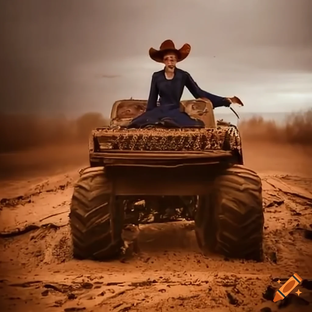 cowboy driving a monster truck through mud