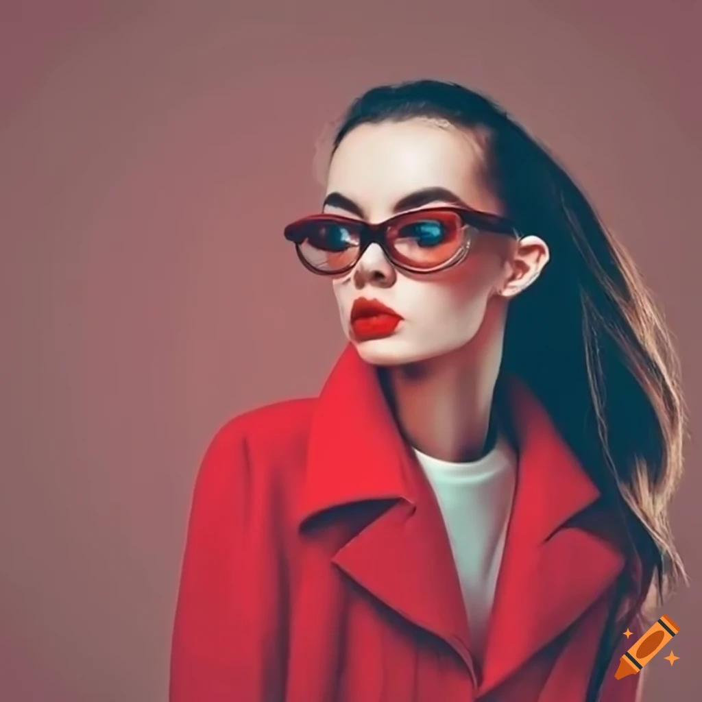 Fashionable girl with red jacket and trendy glasses on Craiyon