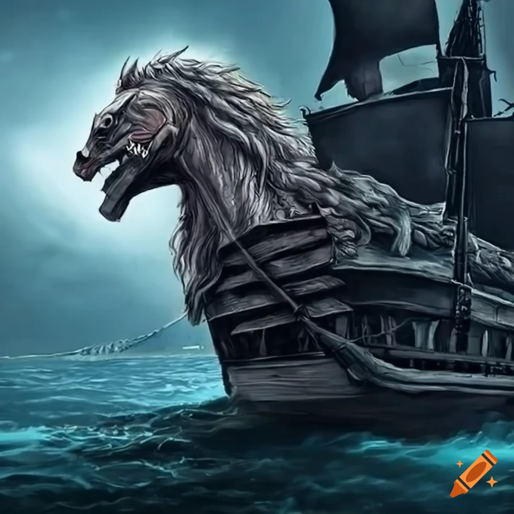 illustration of a pirate ship with a horse monster