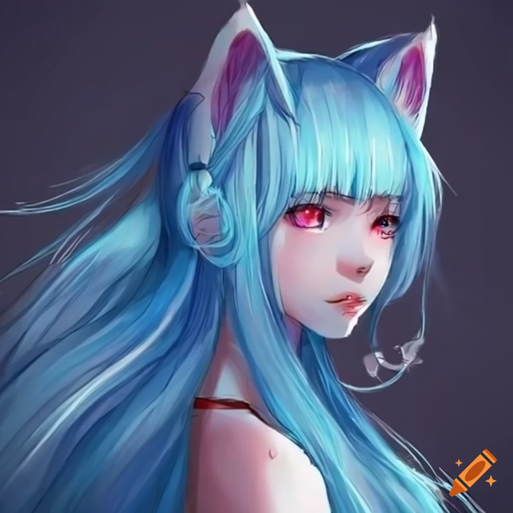 Artwork of a blue kitsune girl on Craiyon
