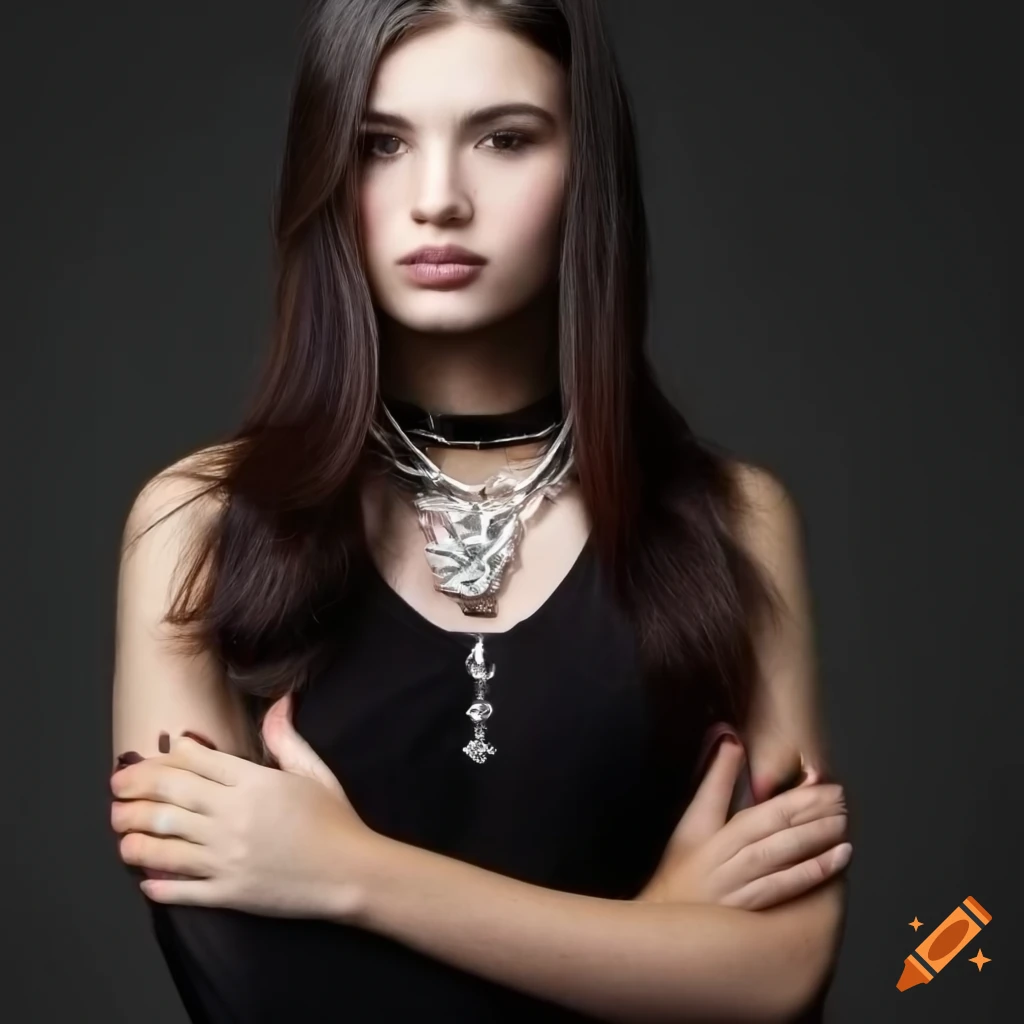 portrait of a beautiful young model with dark brown hair and neutral expression