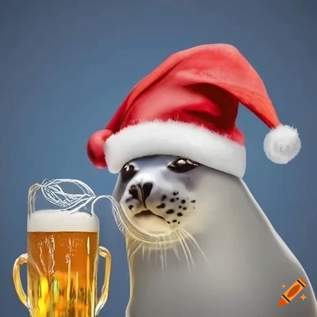 seal wearing a Santa hat