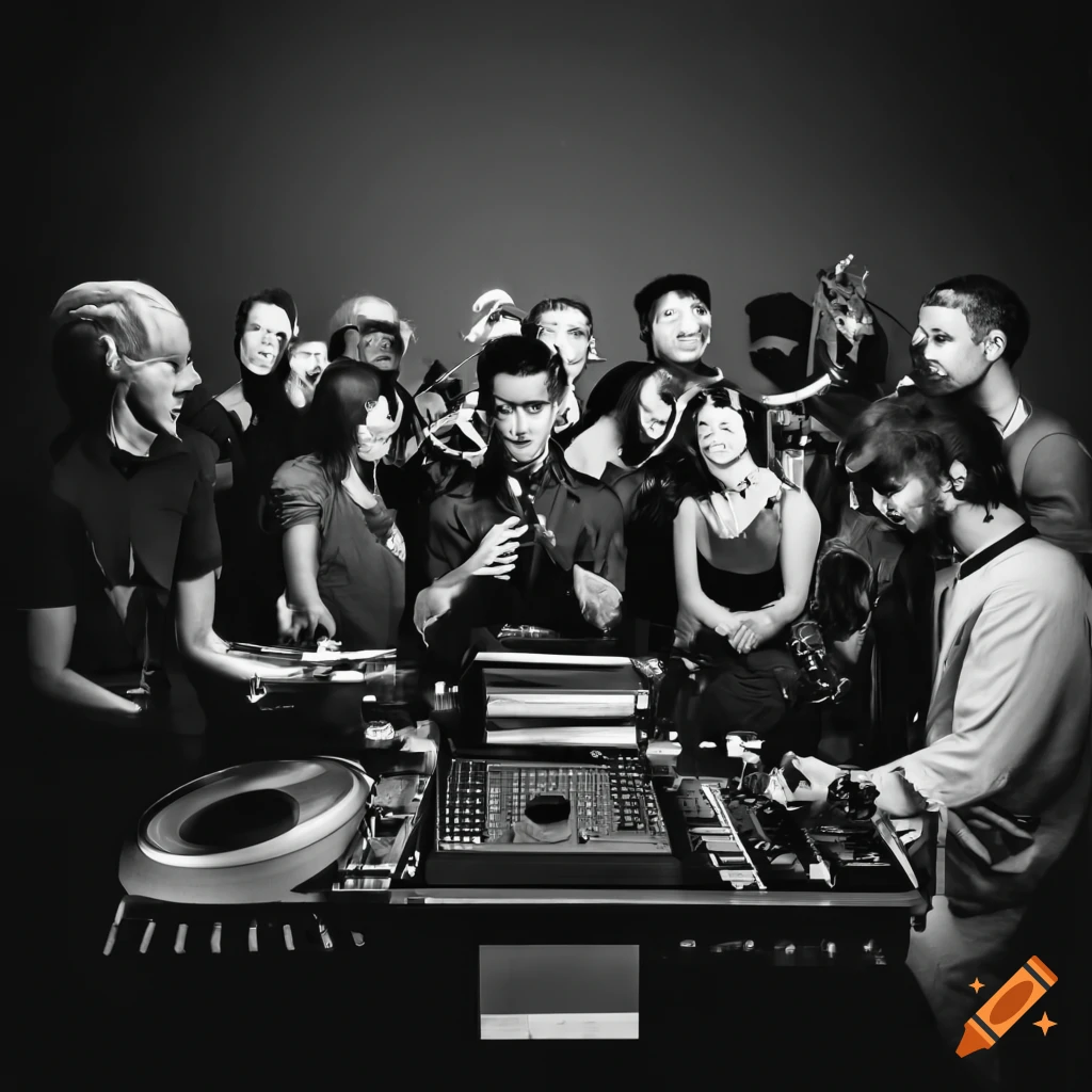 black and white photo of DJs around a turntable