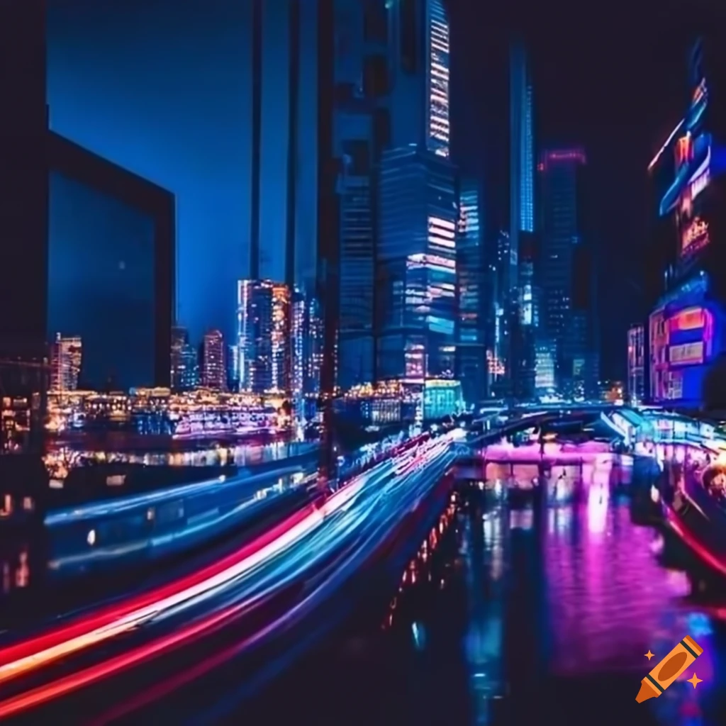 night cityscape with neon lights and futuristic buildings