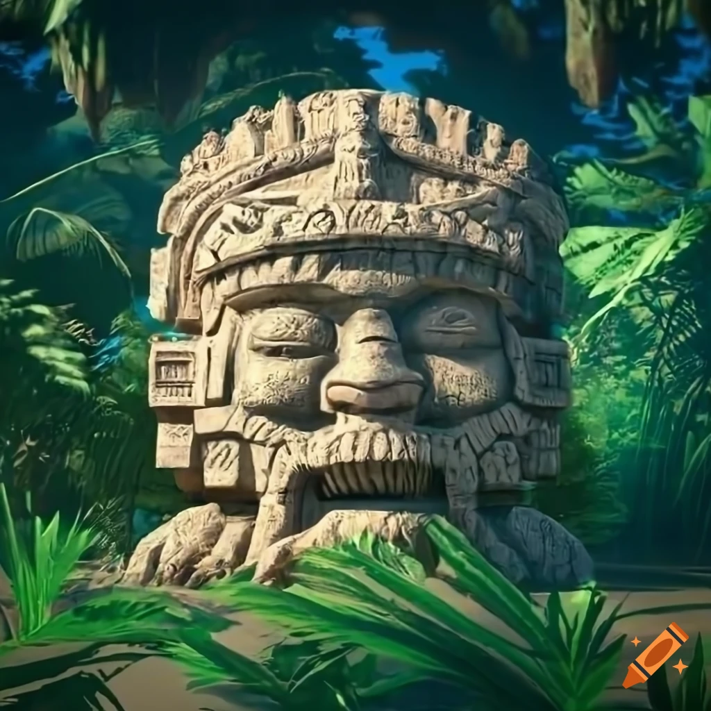 3D rendering of a giant stone Aztec head in a tropical forest
