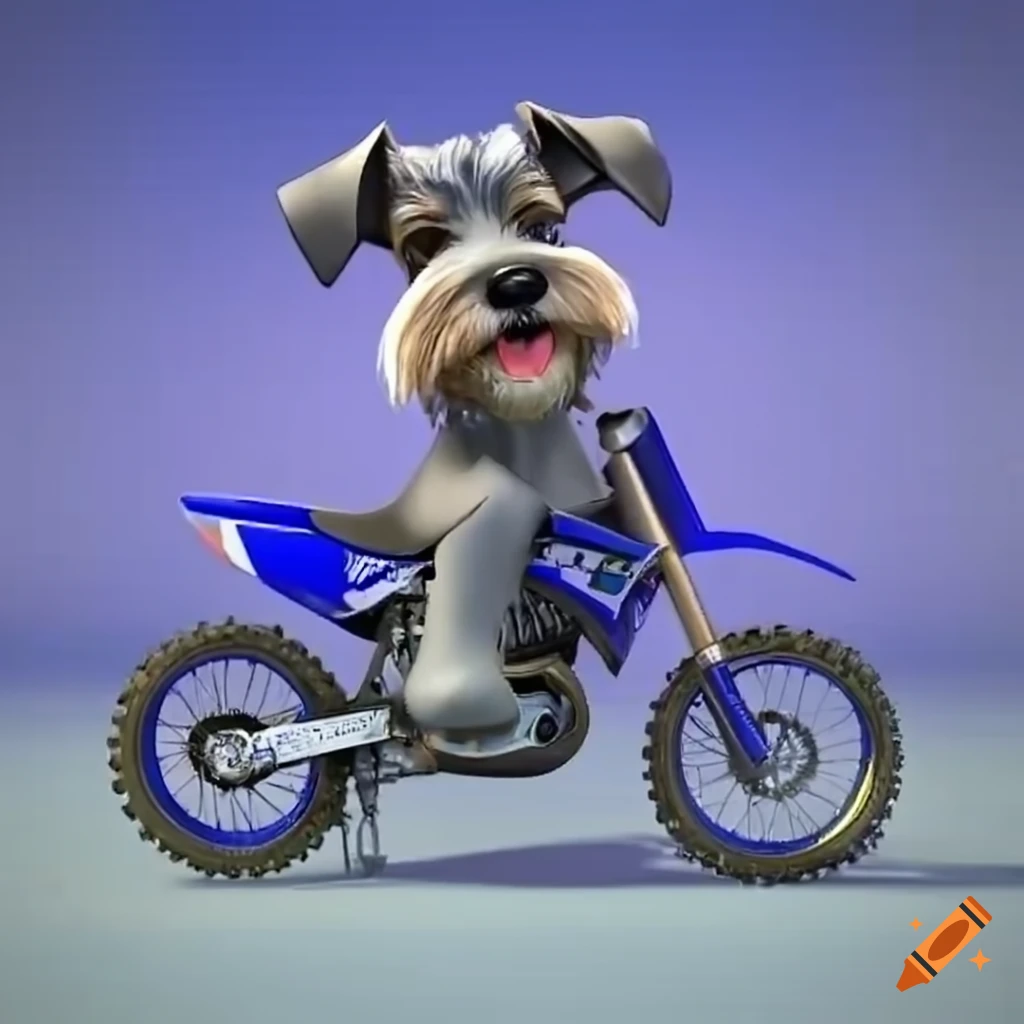 3D animated character of a schnauzer riding a dirt bike