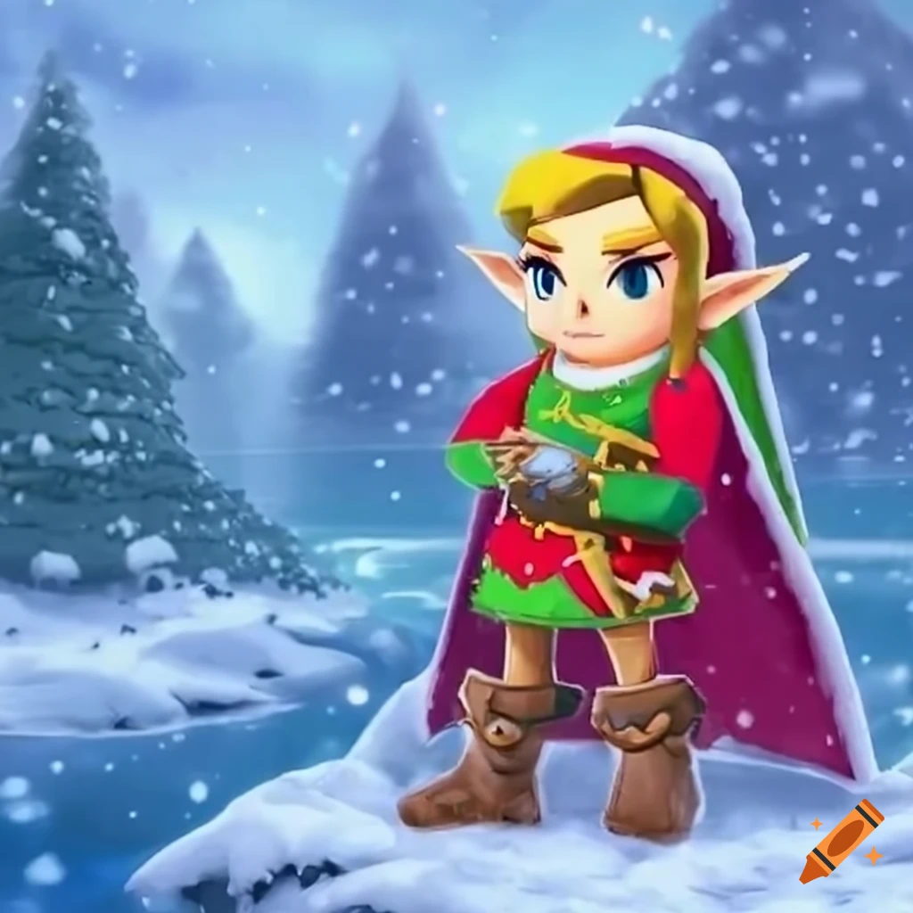 Zelda christmas scene in snowy landscape