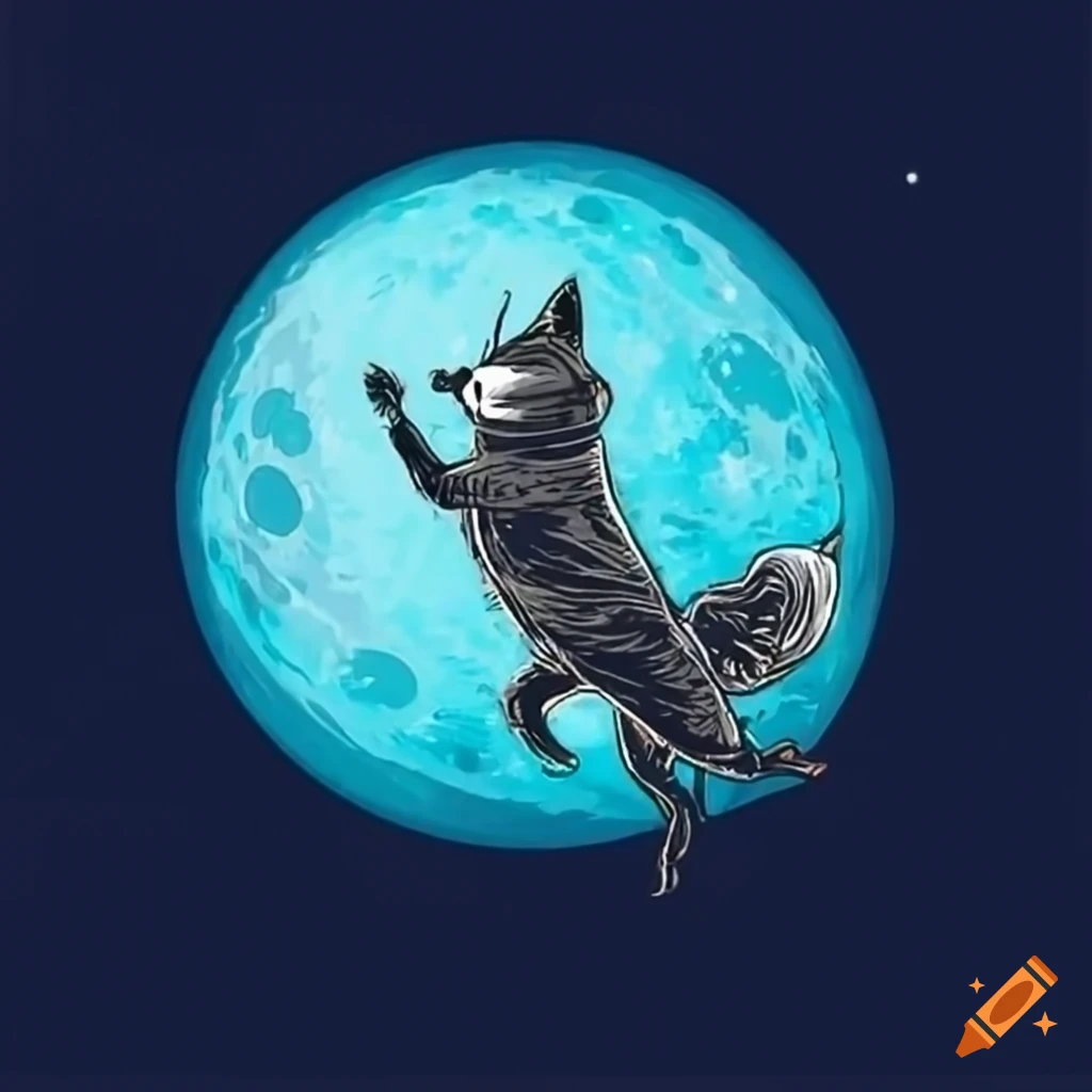 Blue fox in spacesuit jumping on the moon