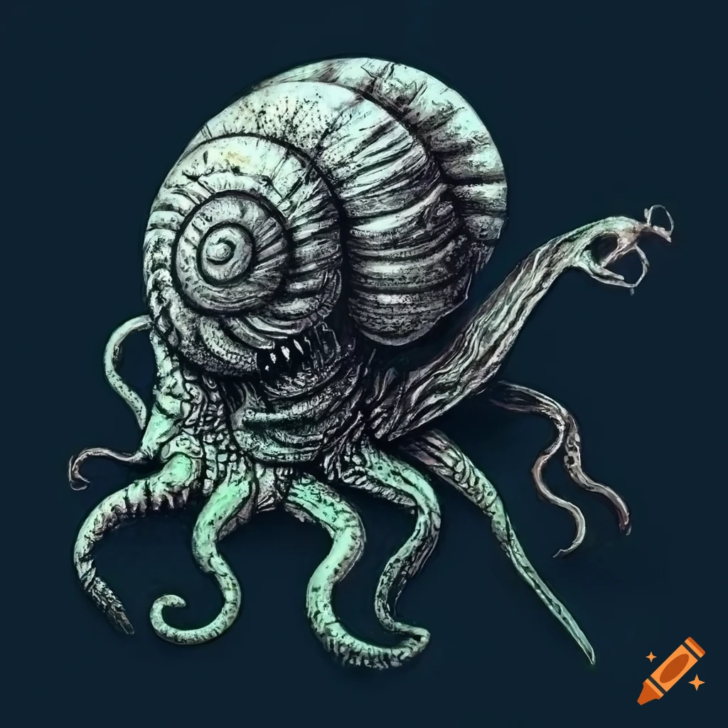 etching of a snail Cthulhu creature