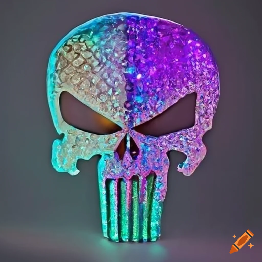 metallic crystal punisher skull with purple and cyan lights