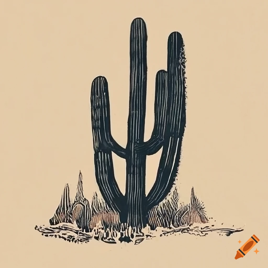 linocut print of a saguaro cactus
