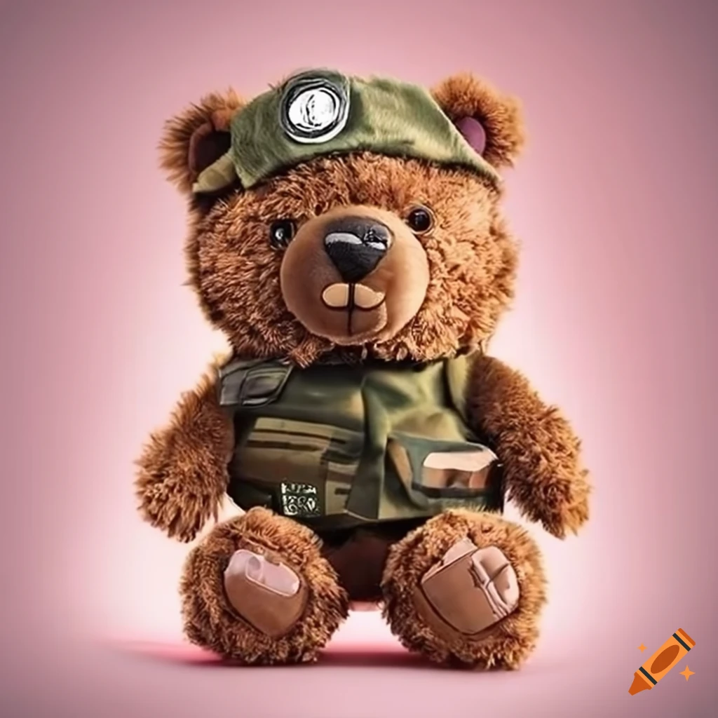 Cute fluffy teddy bear in military uniform on Craiyon