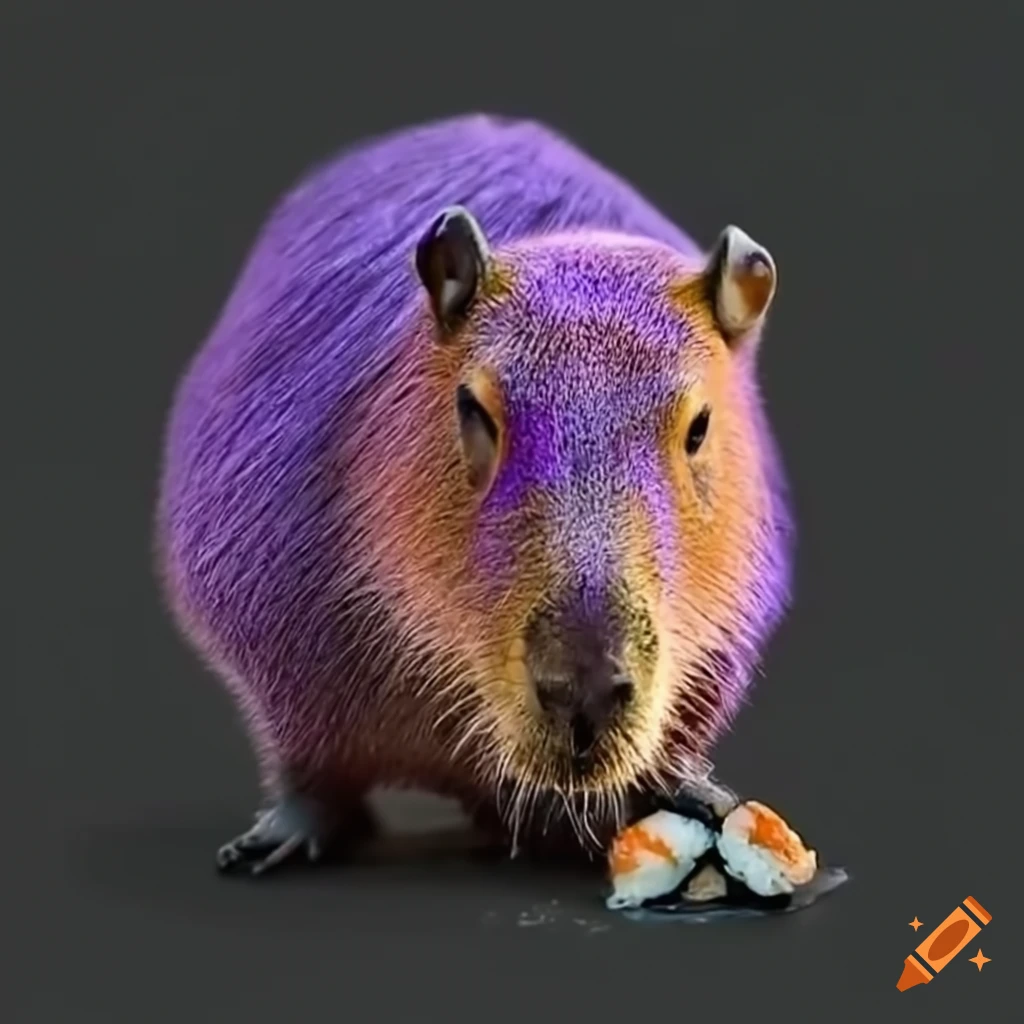 purple capybara enjoying sushi