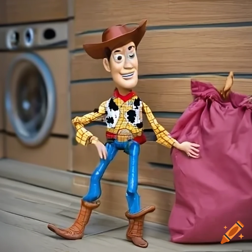 Woody from Toy Story carrying laundry bag