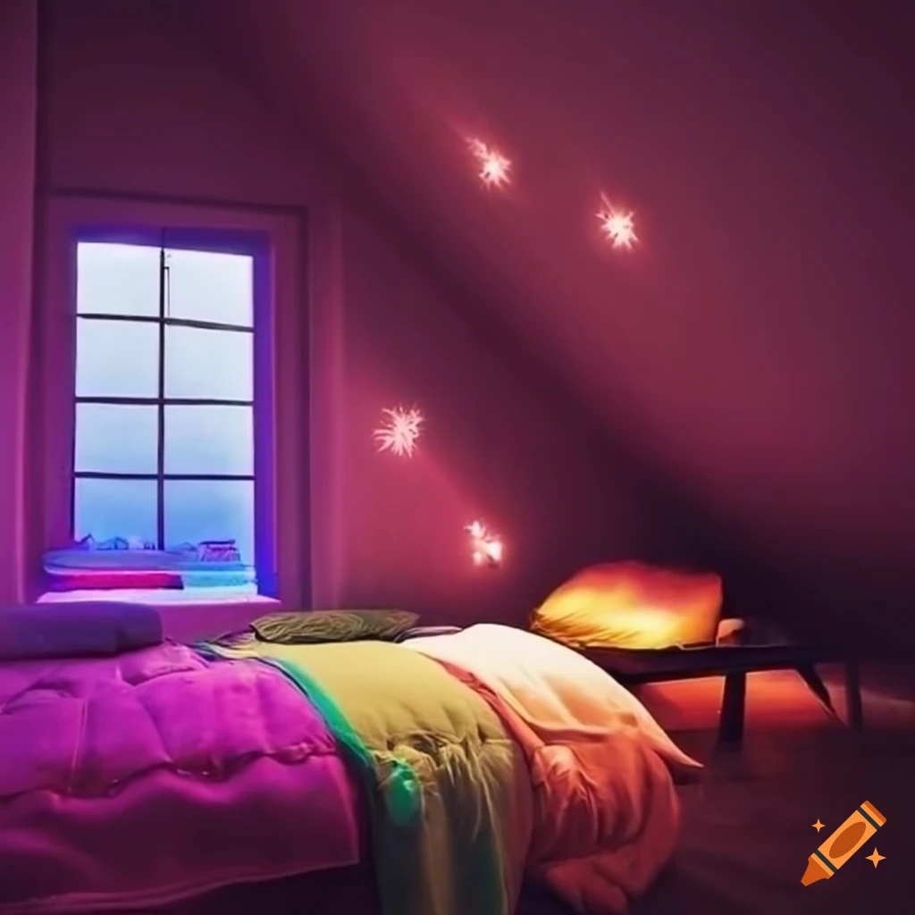 Cozy attic bedroom with futon and rainbow lights on Craiyon