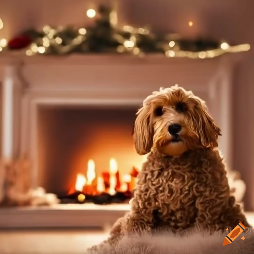 Christmas fireplace with a Goldendoodle