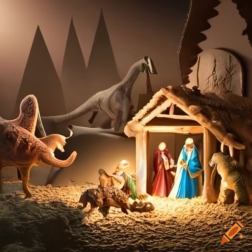 Nativity scene with dinosaurs
