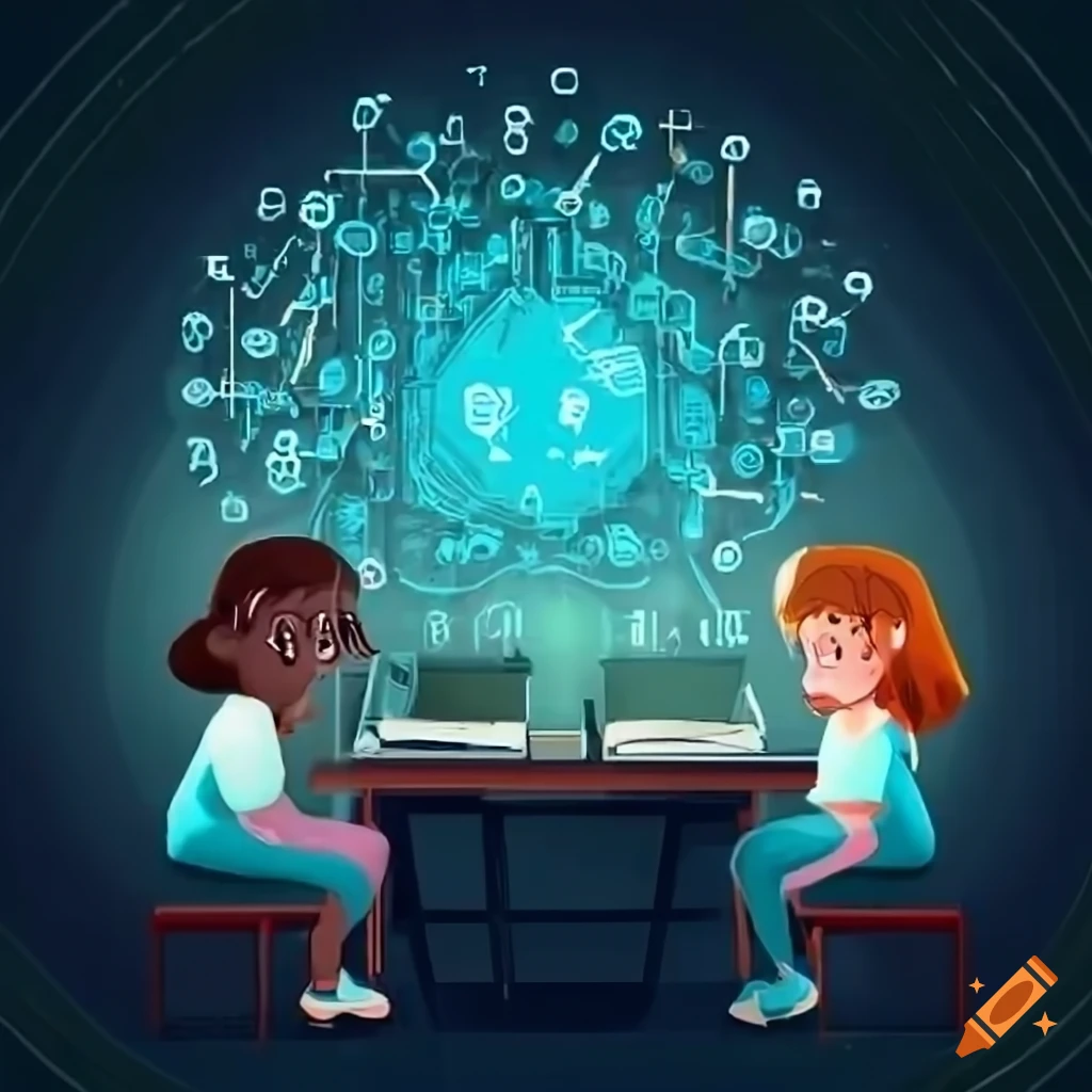 Illustration of students using ai in a classroom on craiyon