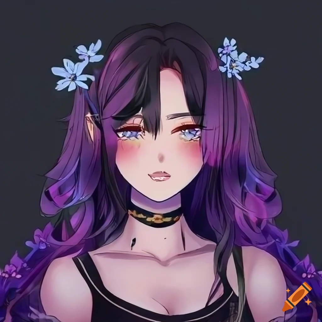 girl with long black hair and flower in her hair in a rainforest
