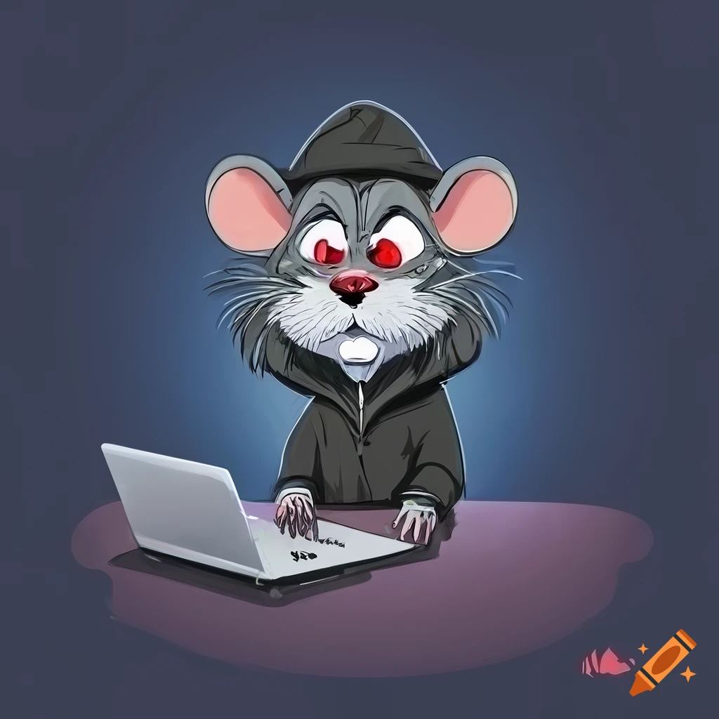 Cartoon rat hacker at a laptop