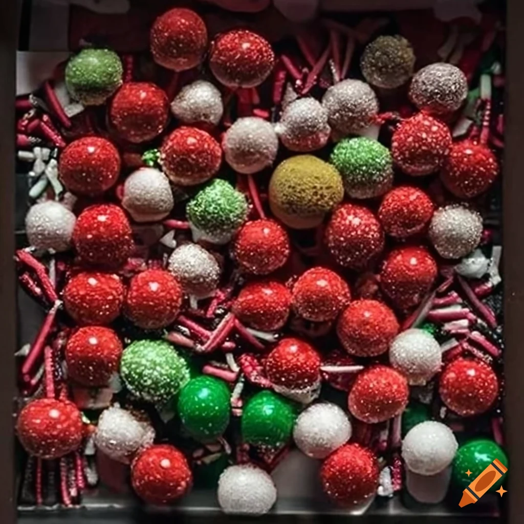 Box of festive rum balls with colorful sprinkles