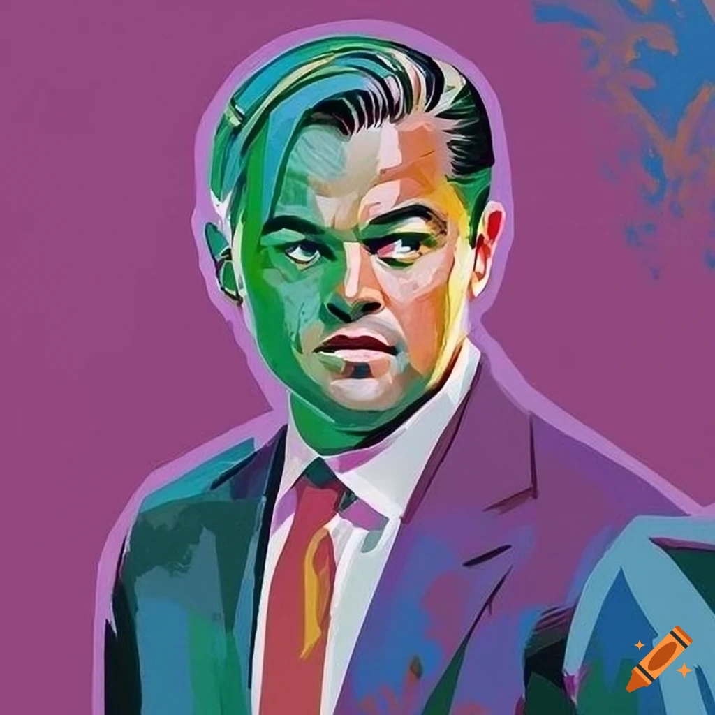 colorful book illustration of Leonardo DiCaprio as Jordan Belfort