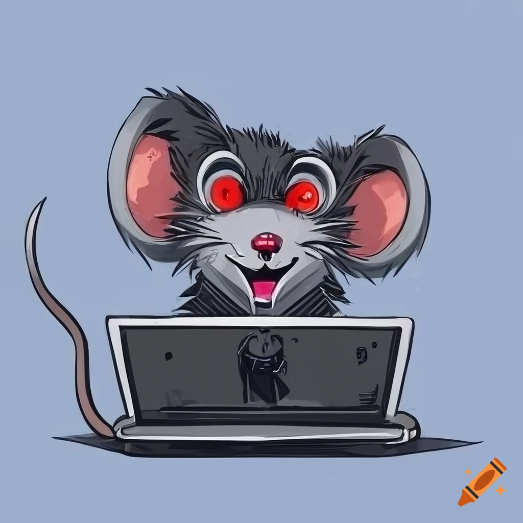 Cartoon rat hacker at a laptop