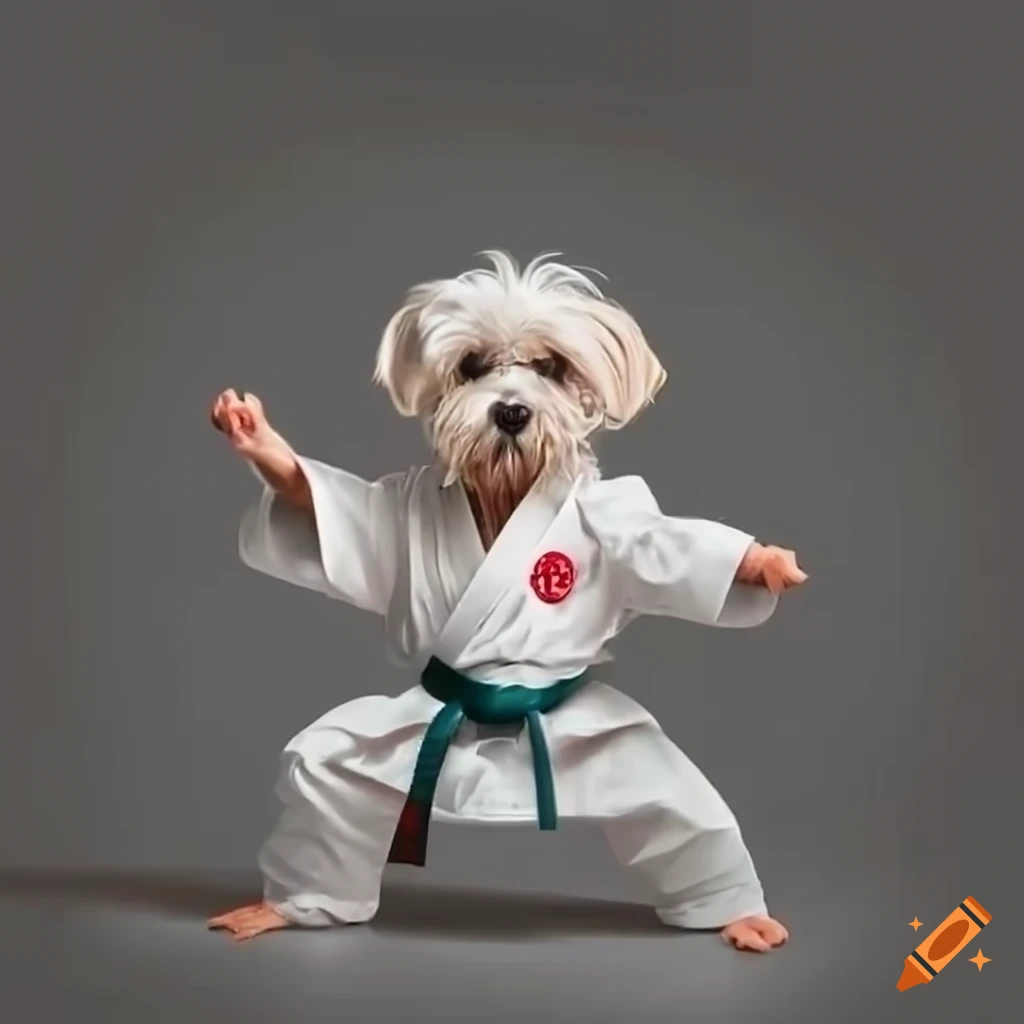 maltipoo dog doing karate in a dojo